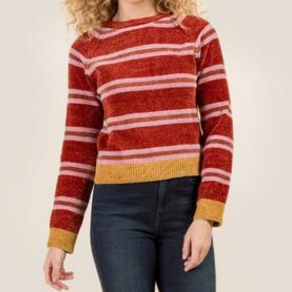 Francescas Alya Lindsay Striped Chenille Soft Fall Red Yellow Hem Sweater Size M - Picture 1 of 12